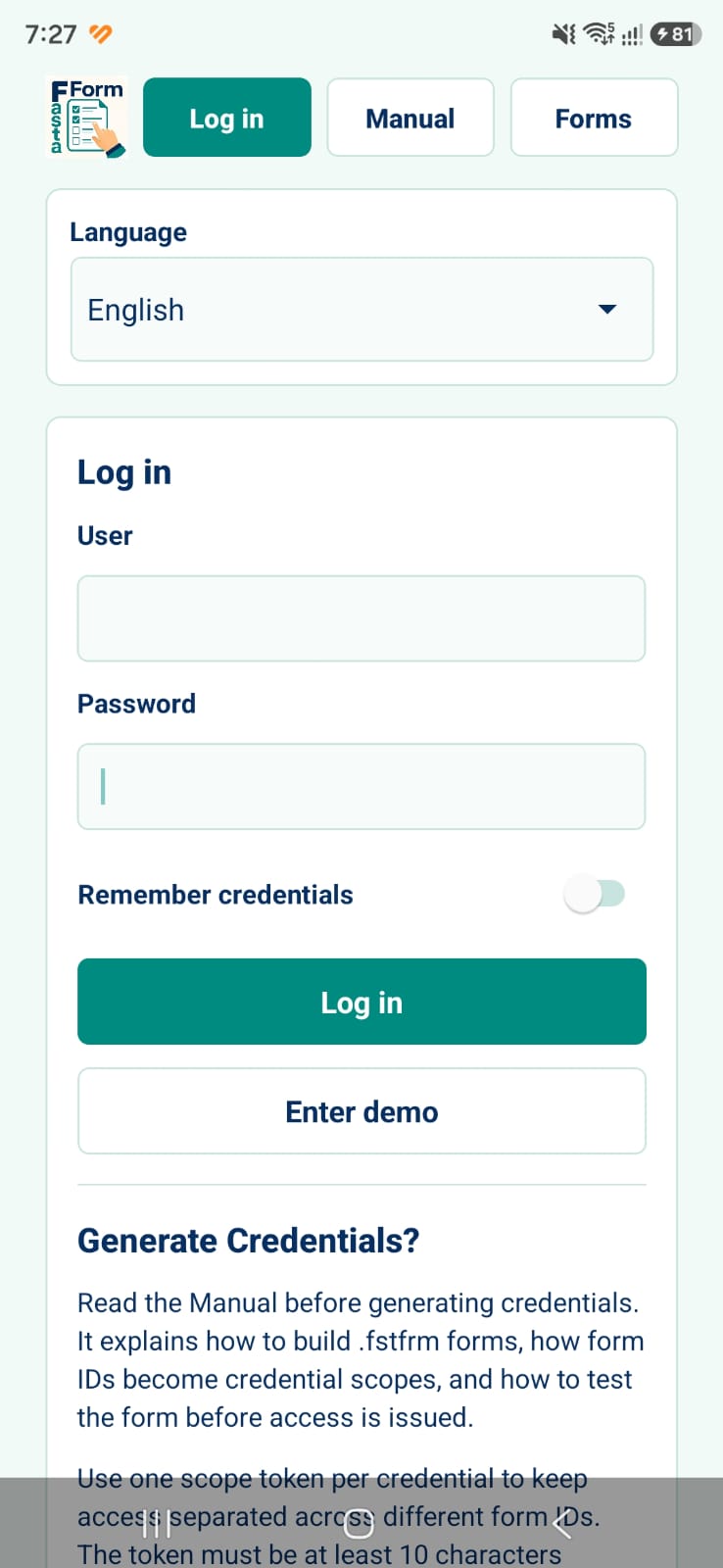 FastaForm login and credential generation screen