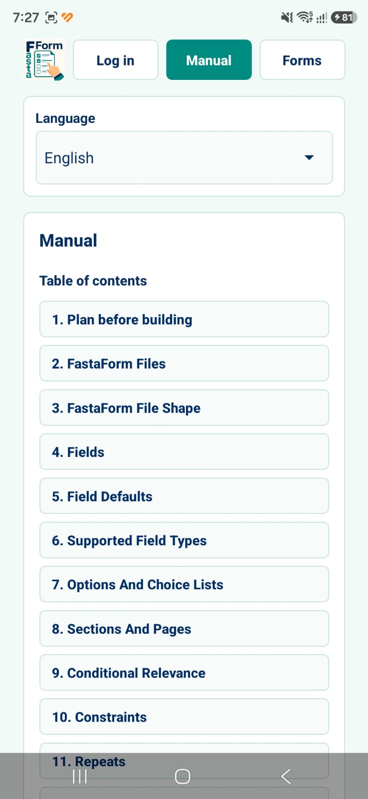 Manual screen with table of contents