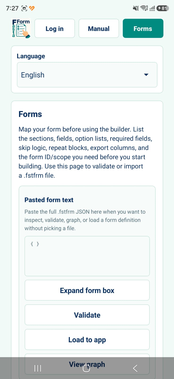 FastaForm forms import screen